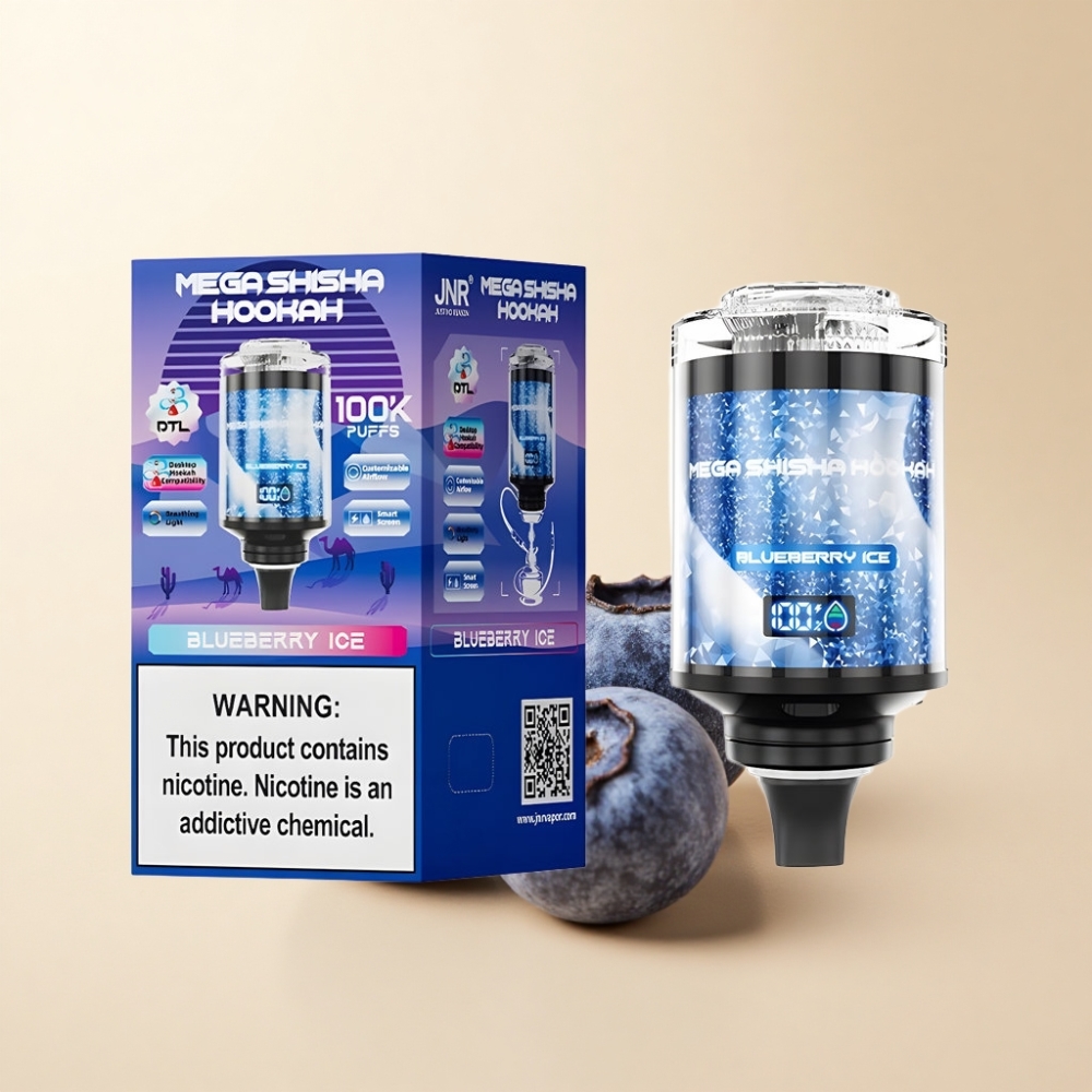 JNR Mega Shisha Hookah 100K Blåbær Is Type-C Hurtiglading Interaktiv Skjerm