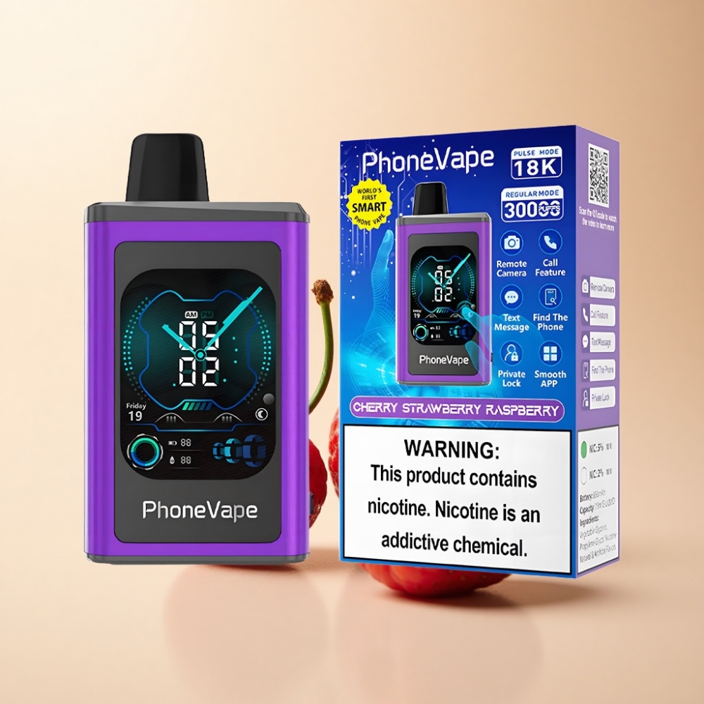 JNR PhoneVape 30000 puff Turbo Modus Justerbar Luftstrøm Kirsebær Jordbær Bringebær