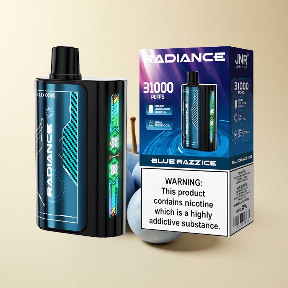JNR Radiance 31000 Puffs 28ml Smart Skjerm BLÅ RAZBÆR IS
