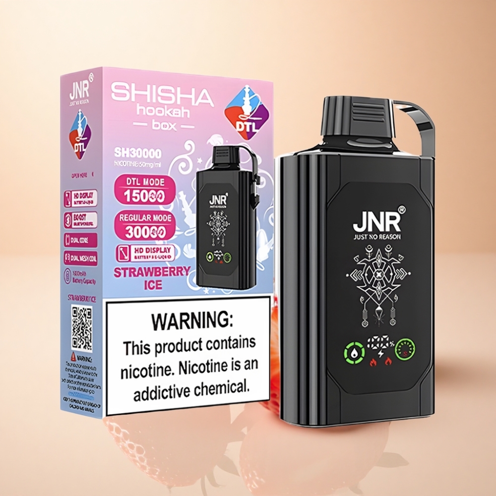 JNR Shisha Hookah Box 20500 Puffs HD Display Type-C Hurtiglading Jordbær Is