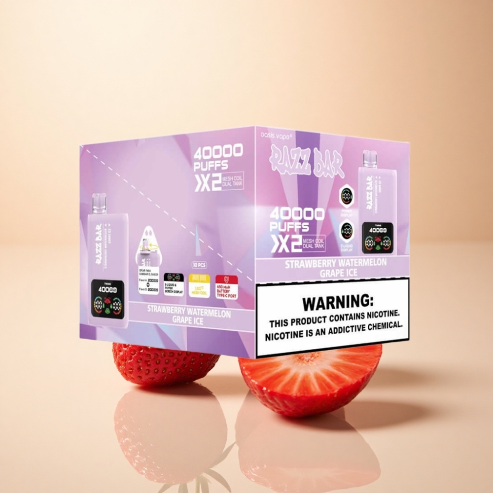 Razz Bar 40000 Puffs 1.0Ω×2 Mesh Coil Jordbær Vannmelon & Drue Is