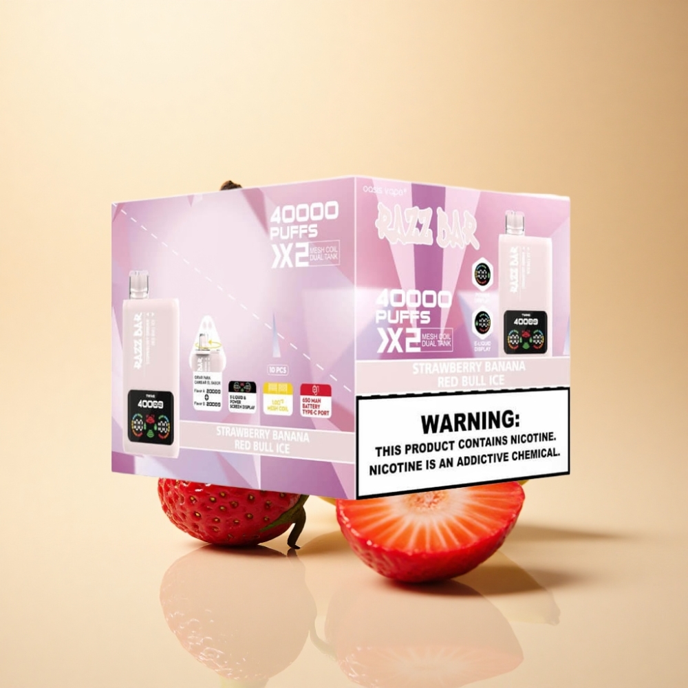 Razz Bar 40000 Puffs Skjerm 1.0Ω×2 Jordbær Banan & Red Bull Is